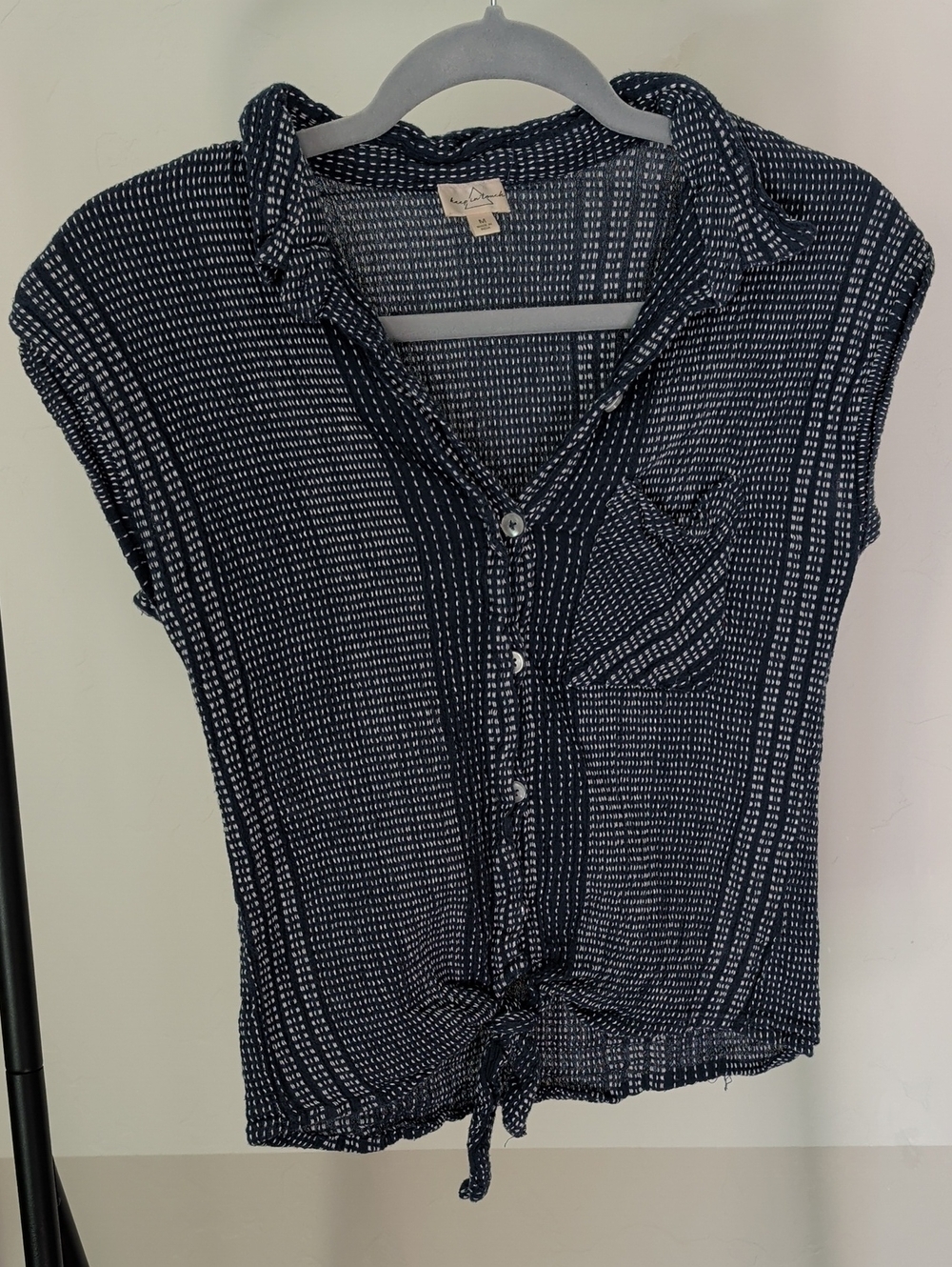 Lightweight Navy Stripe Button-Front Tie-Hem Women's Top